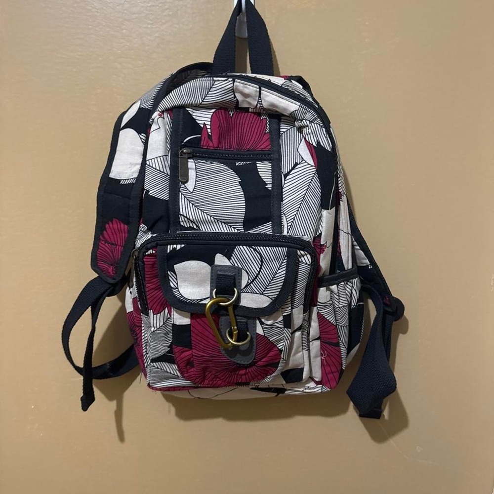 Unbranded Floral Canvas Mini Backpack Womens OS Burgundy Black Good Tropical